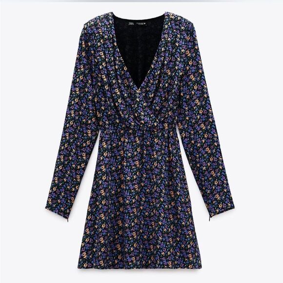 New Zara Floral Long Sleeve Dress Size Medium Color Blue - Picture 2 of 6